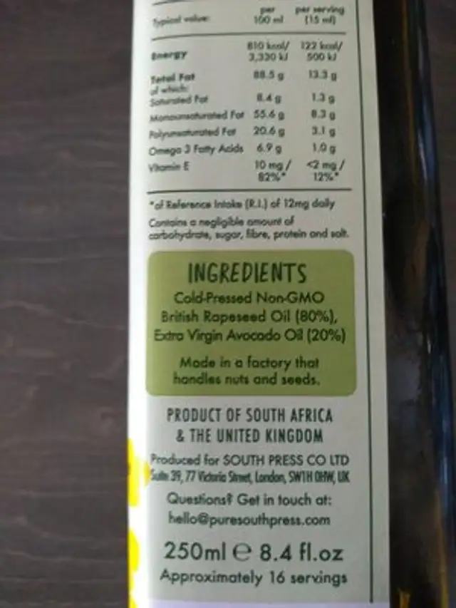 Extra virgin Avocado & Rapeseed cold pressed oil blend ingredients label