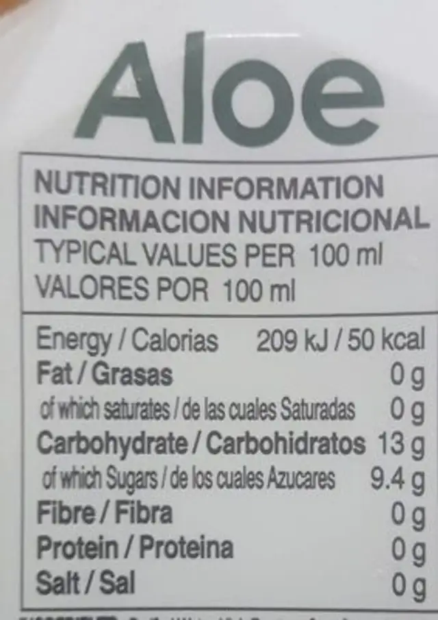 Aloe nutrition facts table