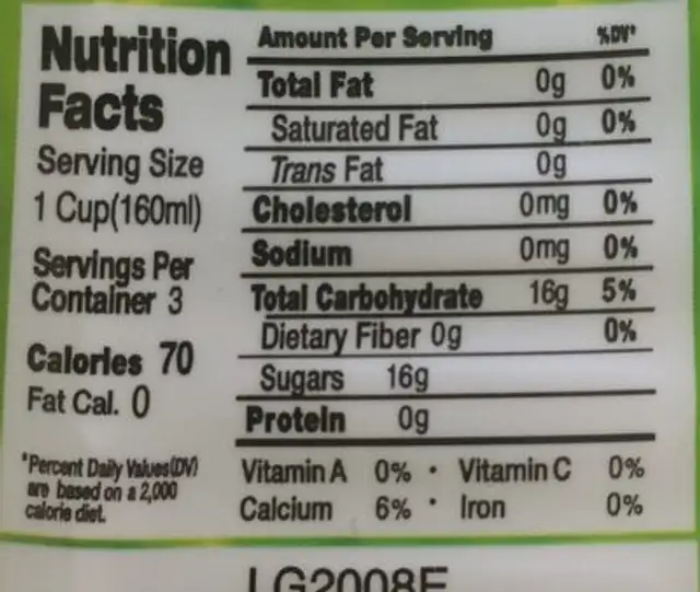 Aloe vera drink nutrition facts table