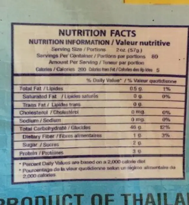 Gasmine Rice ingredients label