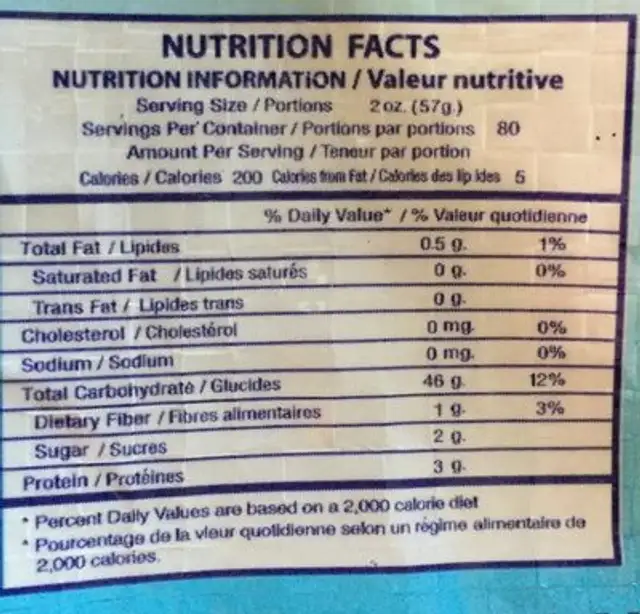 Gasmine Rice nutrition facts table