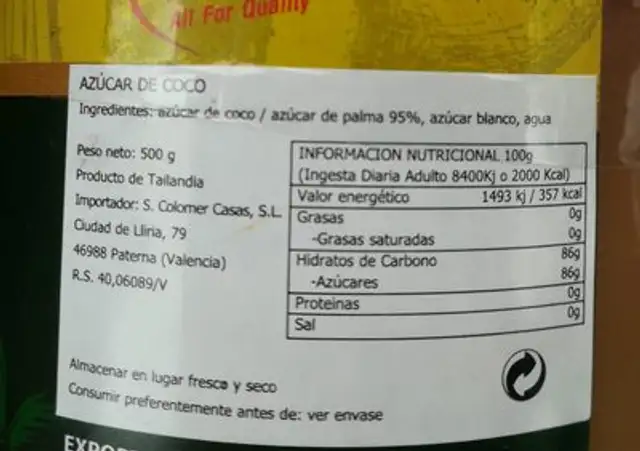 Coconut sugar ingredients label