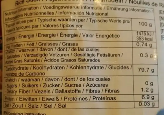 Nouilles de Riz nutrition facts table