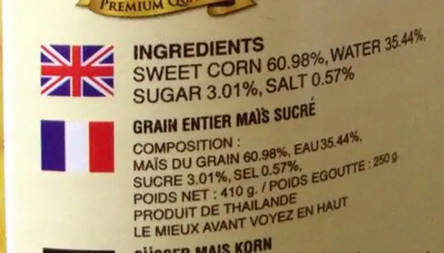 Sweet corn ingredients label