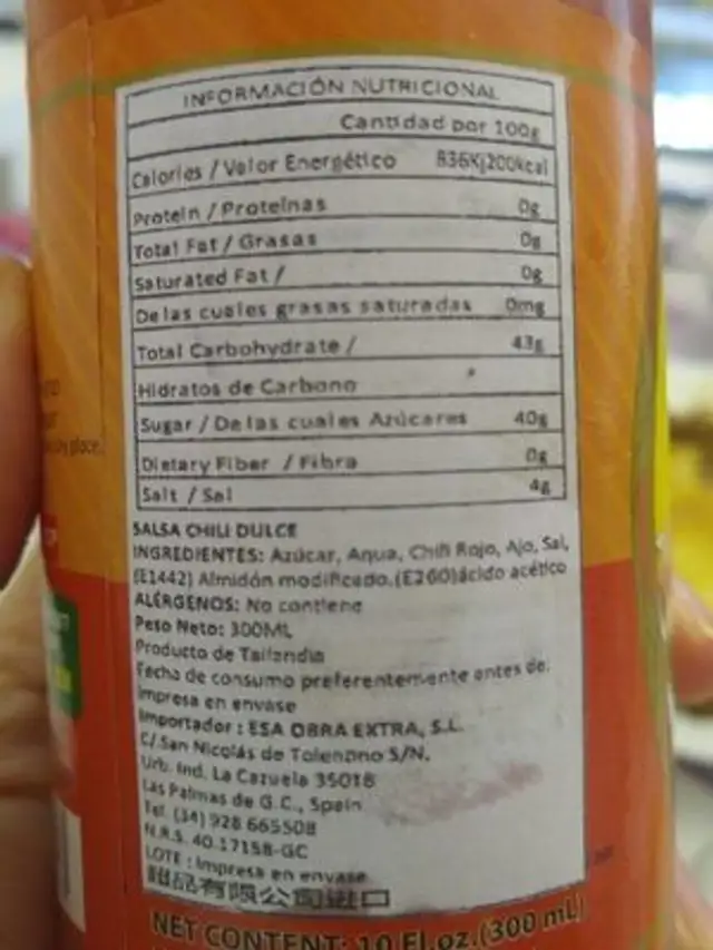 Sunlee Sweet chili Sauce nutrition facts table