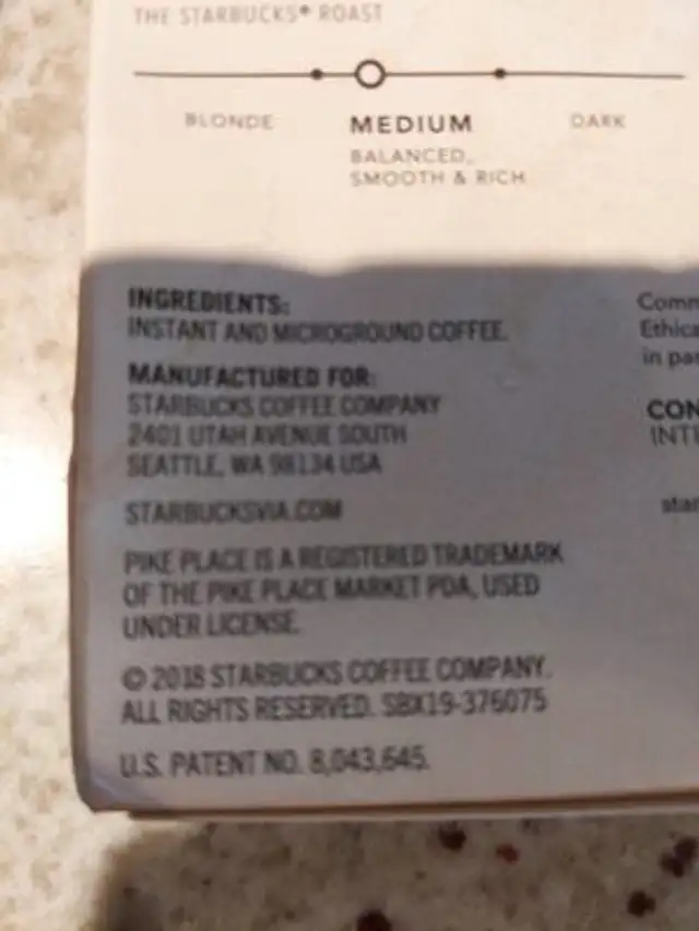 pike place roast ingredients label