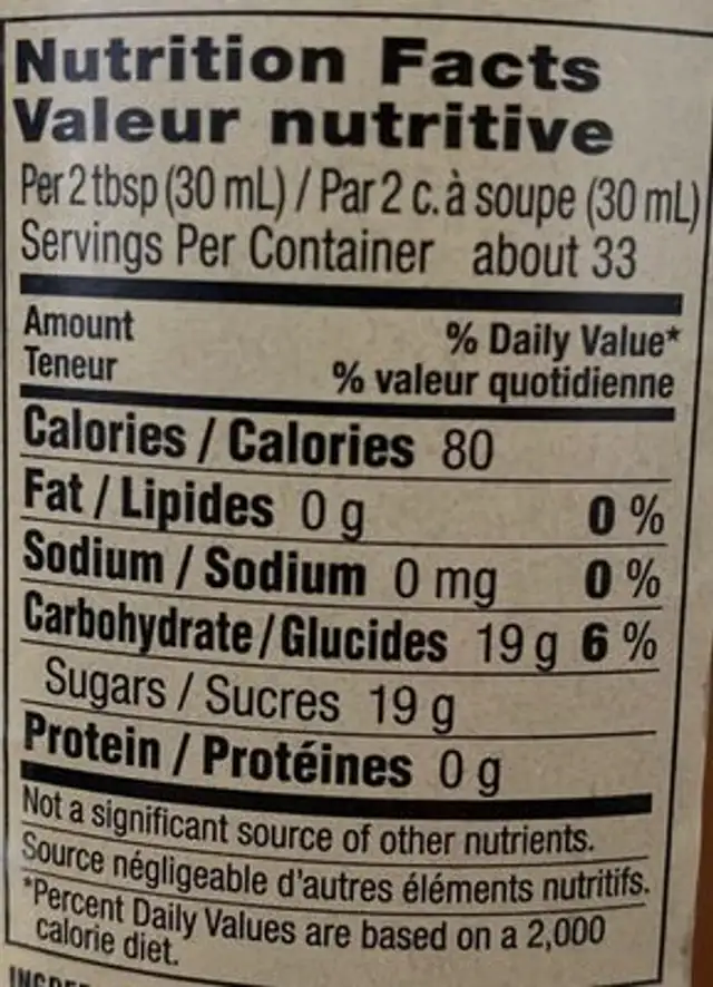 Vanilla syrup nutrition facts table