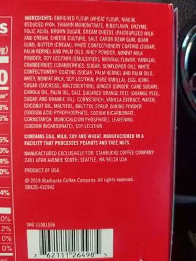 Cranberry Bliss Bar ingredients label