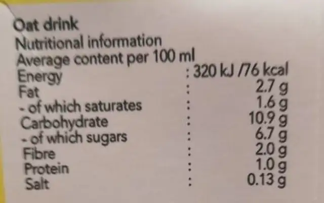 Avena starbucks nutrition facts table