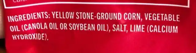 Tortilla chips ingredients label