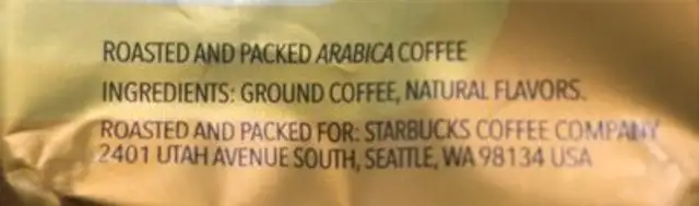 Starbucks Caramel Flavored Coffee ingredients label