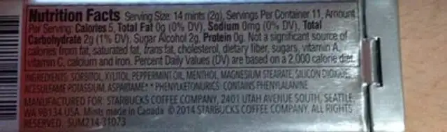 Sugar-free mints ingredients label