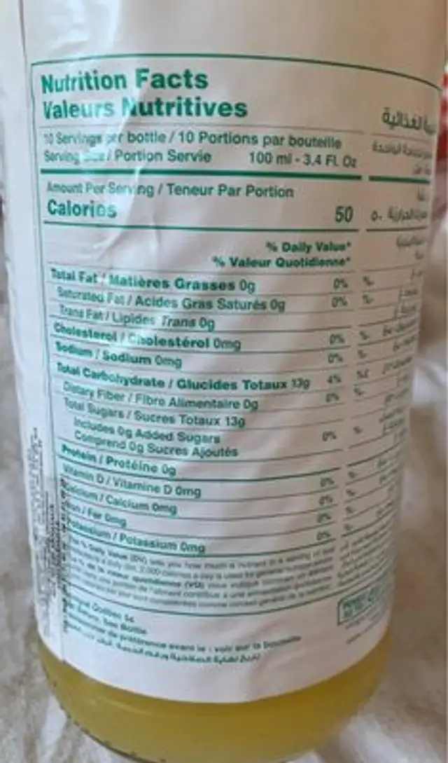 Pineapple Juice nutrition facts table