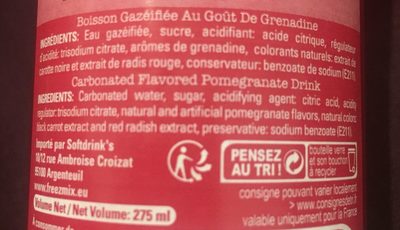 Freez Grenadine ingredients label