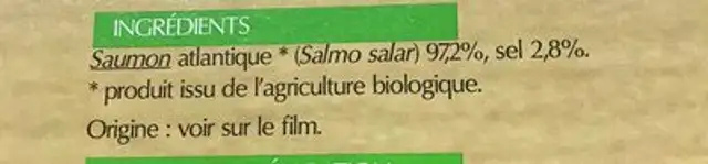 Saumon atlantique fumé bio ingredients label