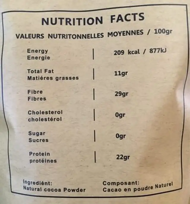 Cacao en poudre 100% nutrition facts table