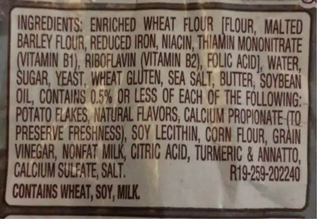 Brioche Style Bakery Bread nutrition facts table