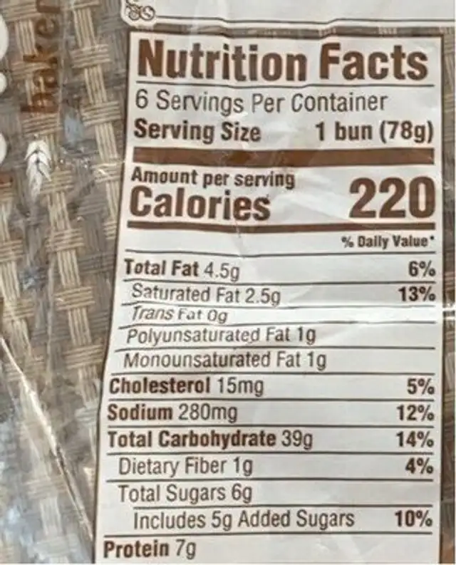 Brioche Buns nutrition facts table