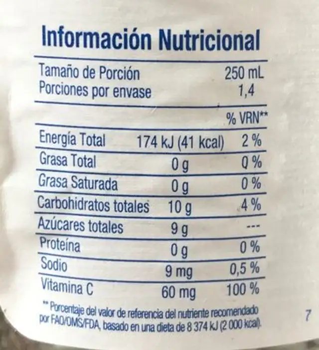 Tropical Té verde Manzana nutrition facts table