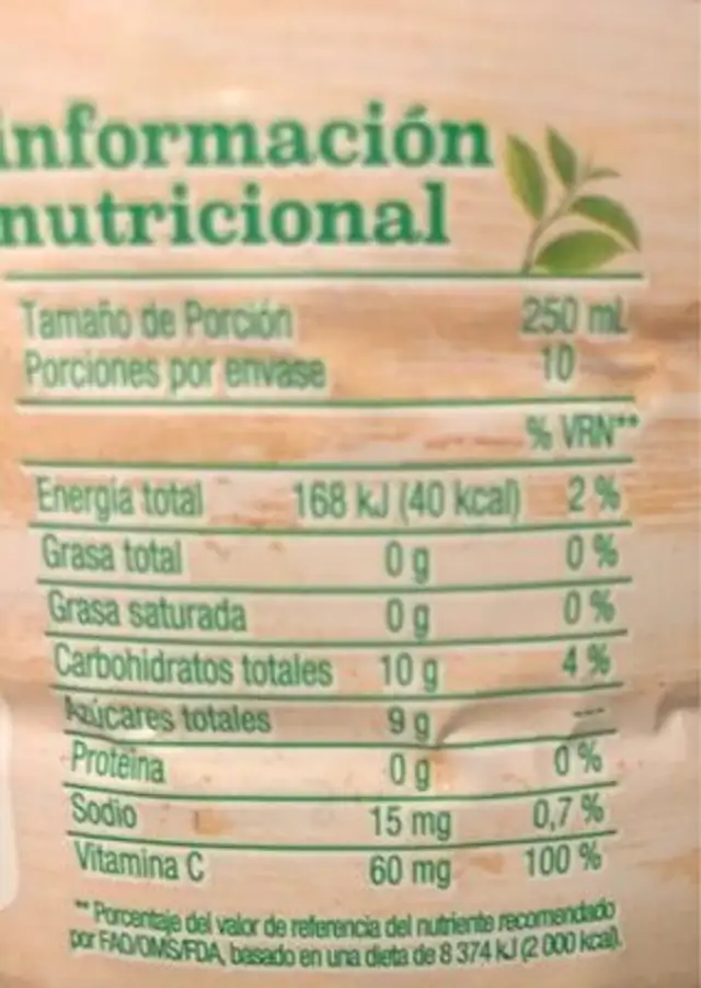Tropical té frio limón nutrition facts table