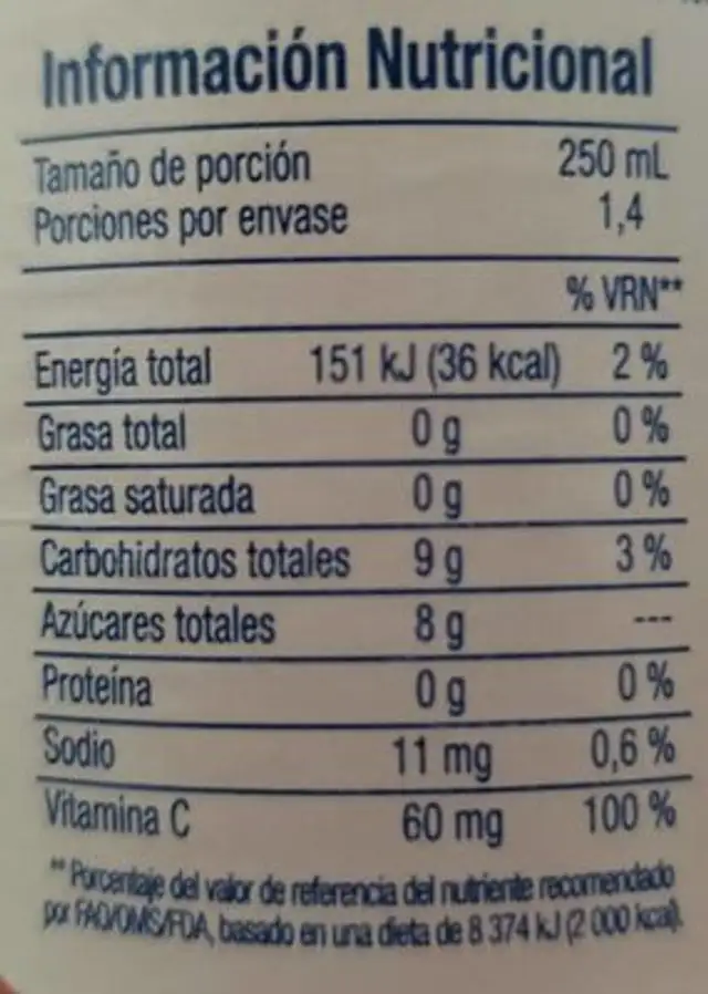 Tropical Frutas nutrition facts table