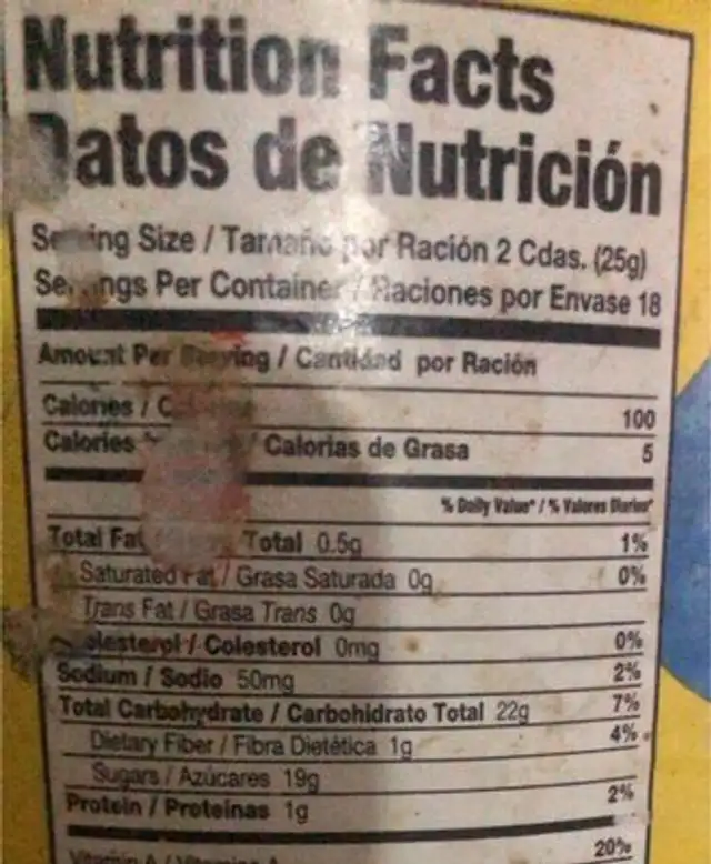 Sobrino nutrition facts table