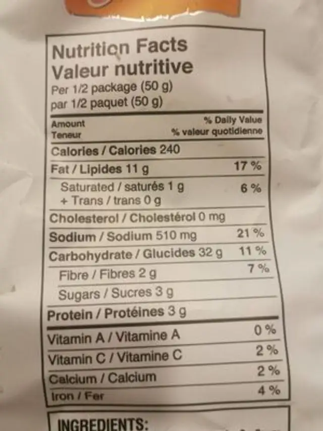 Croustilles de quinoa nutrition facts table