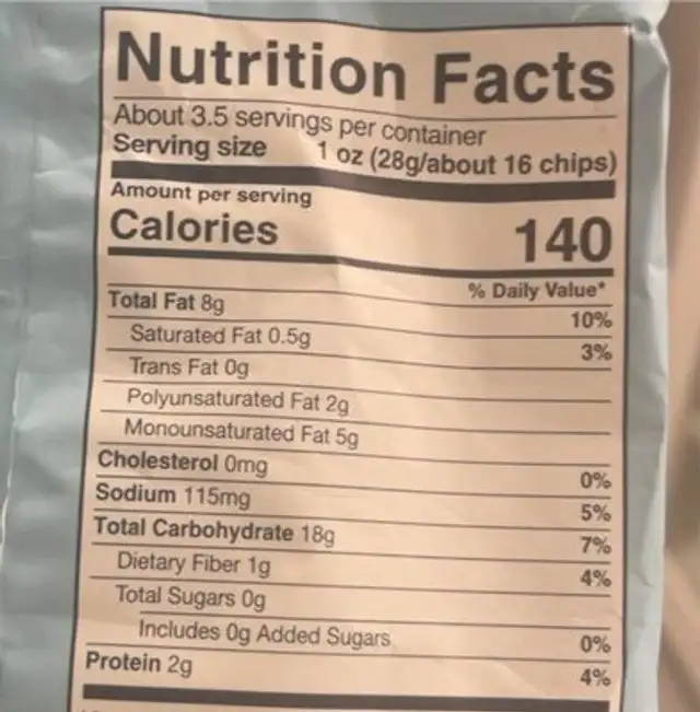 Kale Chips Sea Salt nutrition facts table