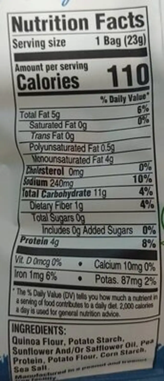 7 gourmet quinoa curls snack nutrition facts table