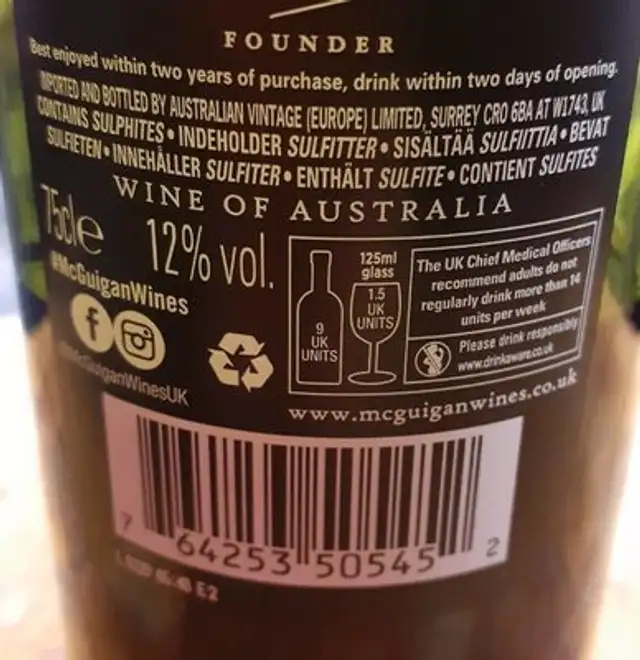 Mcguigan Black Label Shiraz 75CL nutrition facts table