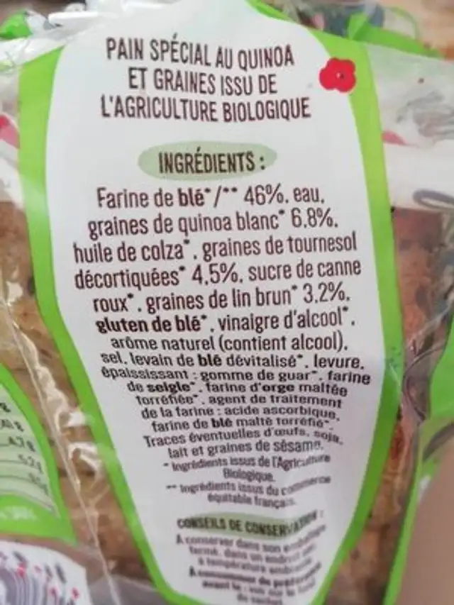 Tartines bio quinoa et graines ingredients label