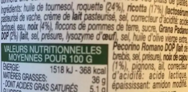 Le pesto alla rucola ingredients label