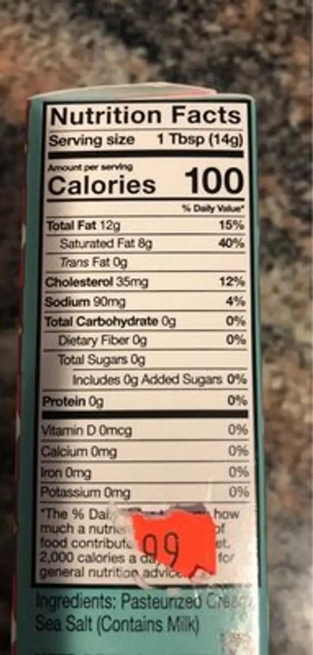 Sea salt butter nutrition facts table