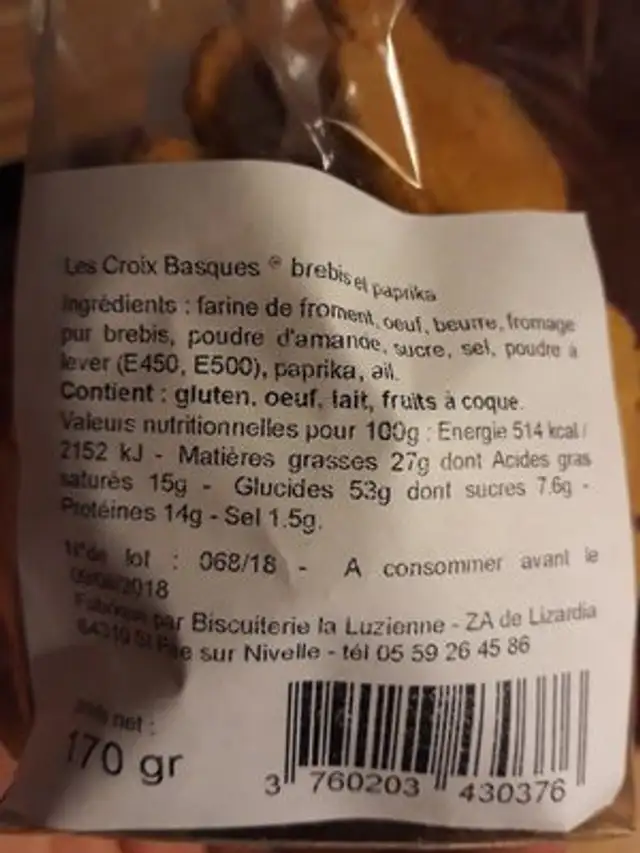 Croix basques ingredients label