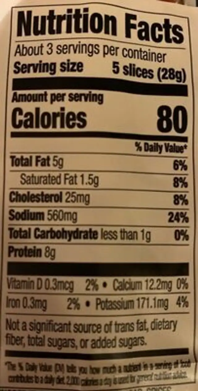 Uncured Copa nutrition facts table