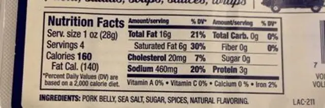Chopped uncured pancetta nutrition facts table