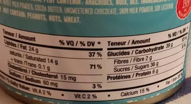 Chocolat à Fondu (chocolat Au Lait) nutrition facts table