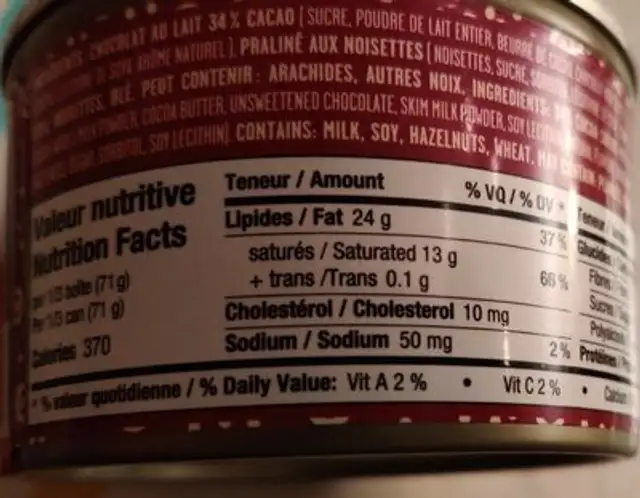 Chocolat favoris, fondant noisette nutrition facts table