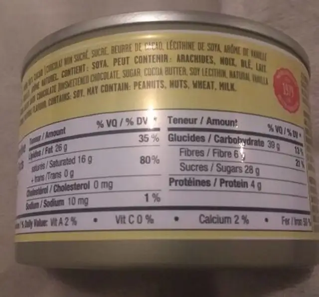 Fondue au chocolat noir barre Nanaïmo nutrition facts table