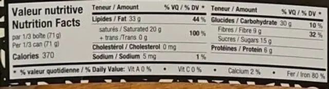 Fondue au chocolat noir nutrition facts table
