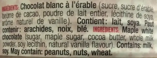 Chocolat Érable Vanille ingredients label