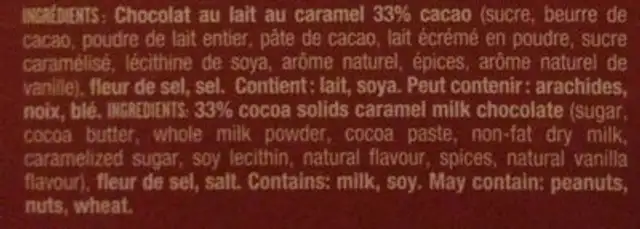 Chocolat au lait Caramel ingredients label
