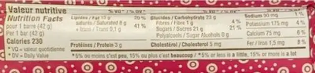 Chocolat Fondant Noisette nutrition facts table