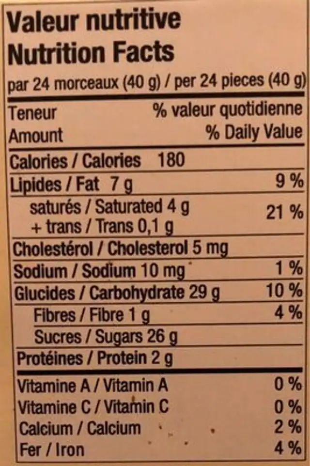 Raisins enrobés de chocolat nutrition facts table