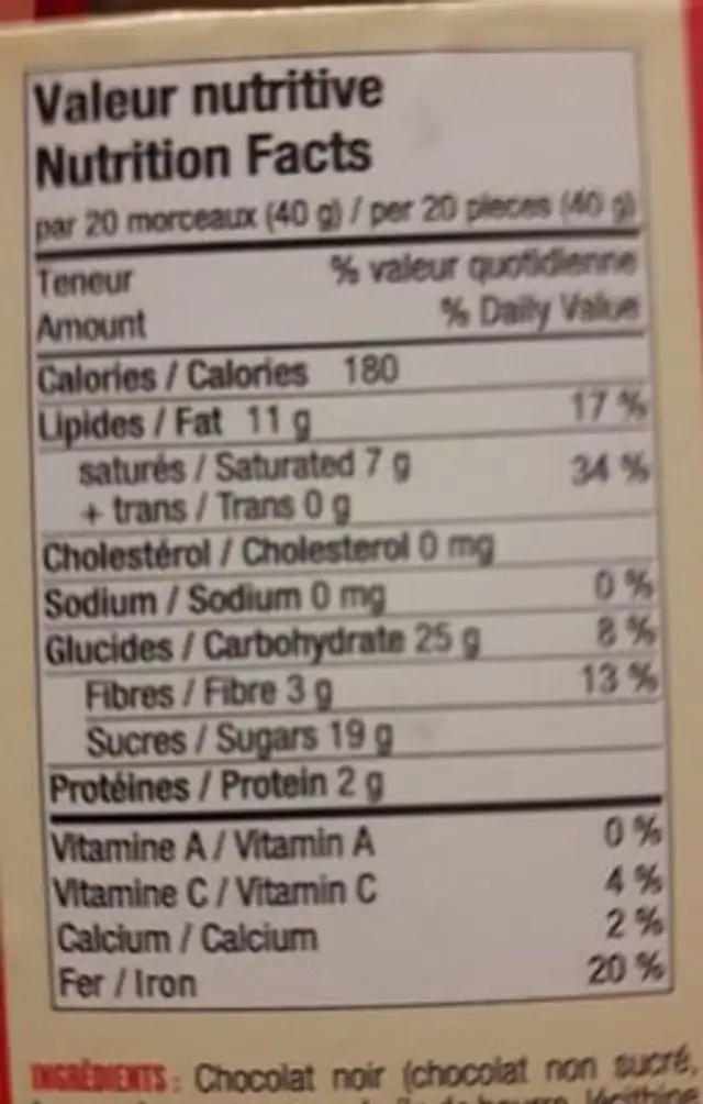 Bleues enrobés de chocolat noir nutrition facts table