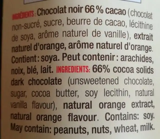 Orange éclatant ingredients label