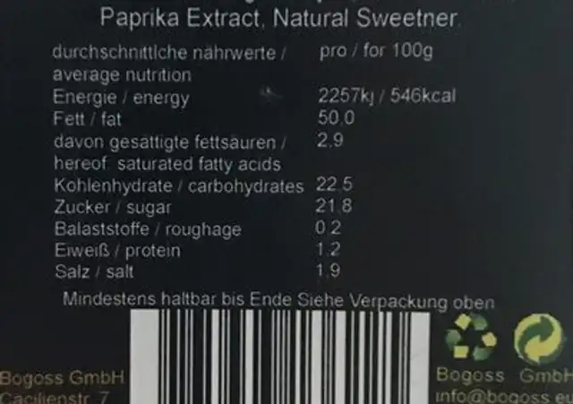 Yuppi nutrition facts table