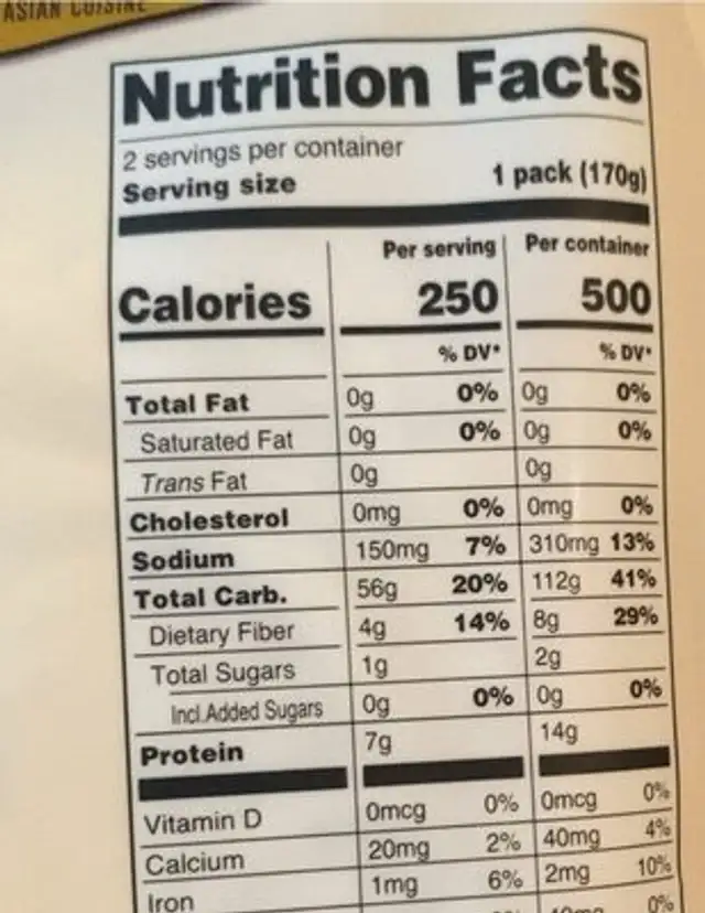 Organic fully cooked vegan udon noodles nutrition facts table