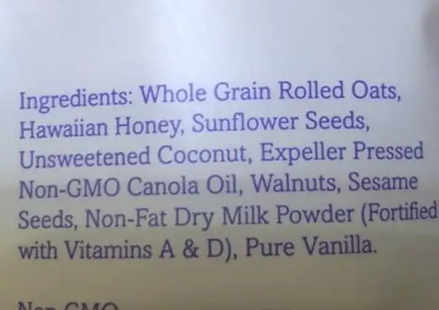Original ingredients label