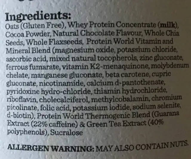 Porridge ingredients label